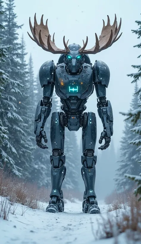 A towering humanoid cybernetic moose, standing in a snowy Canadian forest. Its body is human-like, with a heavily armored robotic frame, but it retains moose-like features: large antlers with satellite antennas, glowing blue eyes, and snow-traction hooves....