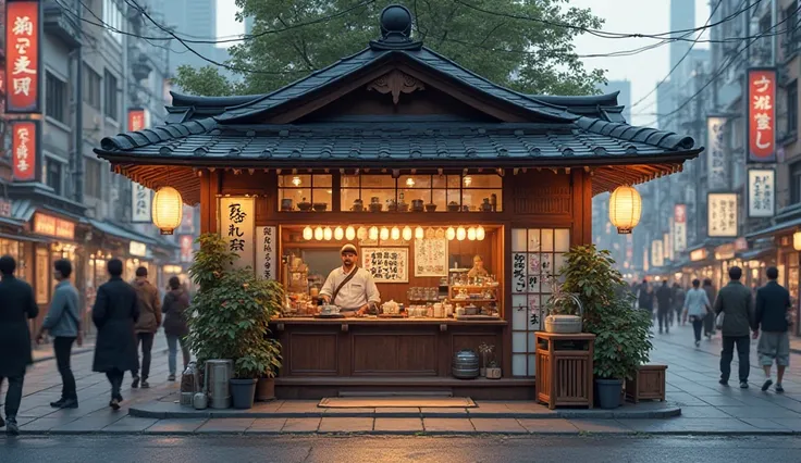 Real realistic image from the front direction . A small tea stall in a corner of a Japanese city