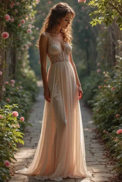 Long sleeper dresses with interesting sexy feminine details and with small details of rose or other flowers but not be all over the surface of the dress only on the edge 