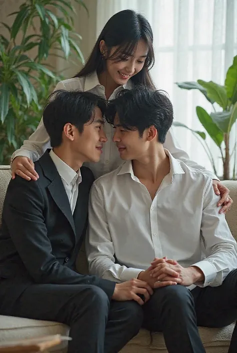 The study has indoor plants, not very large, there are 2 seater sofas in the room with Korean people, 2 men sitting on the sofa, the person on the left, about 29 years old, wearing a suit, black hair, slightly set of hair, looks basic, handsome, solemn, no...