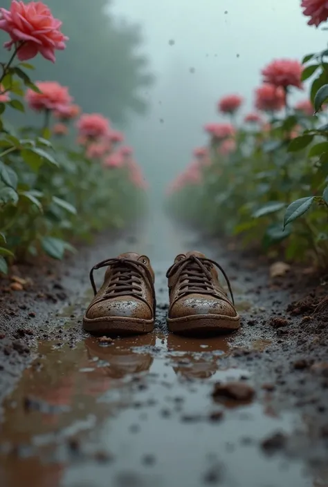 Create a Disney Pixar style low-angle shot of muddy sneakers sinking into wet soil in a botanical garden path. The subject is placed bottom-third of the frame and is splattered with mud. The point of view is from the ground, and the lighting should be mute...