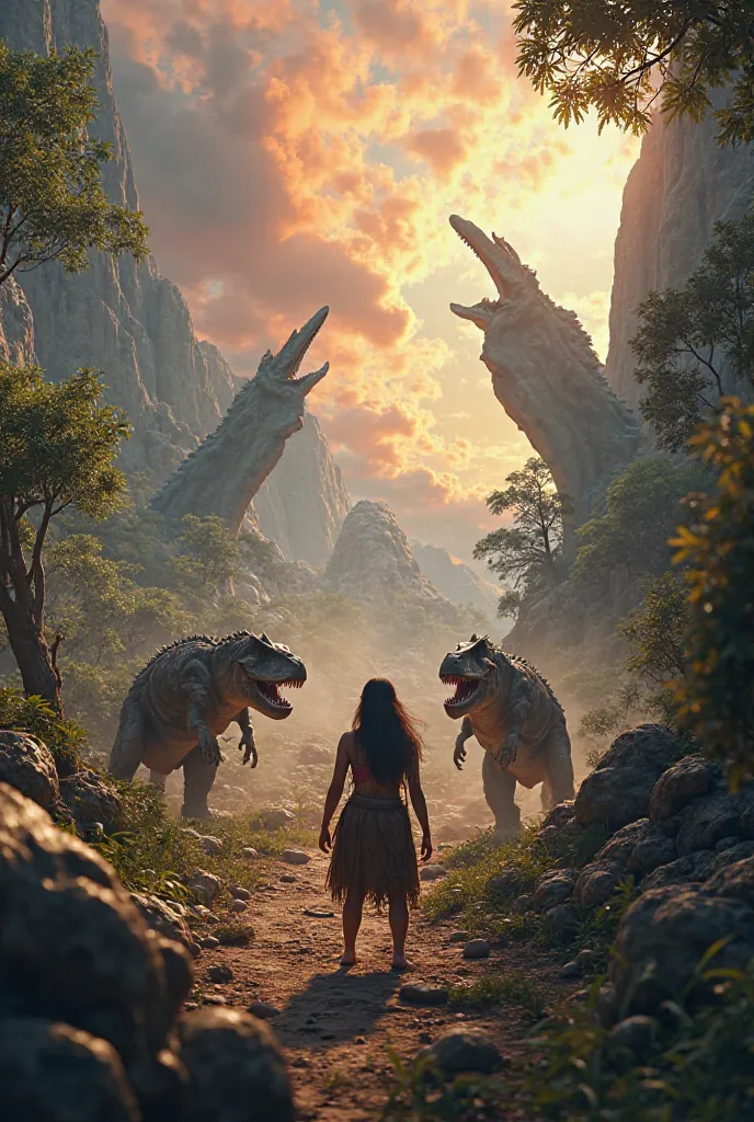 Create a first-person image of me looking at dinosaurs fighting cavemen 