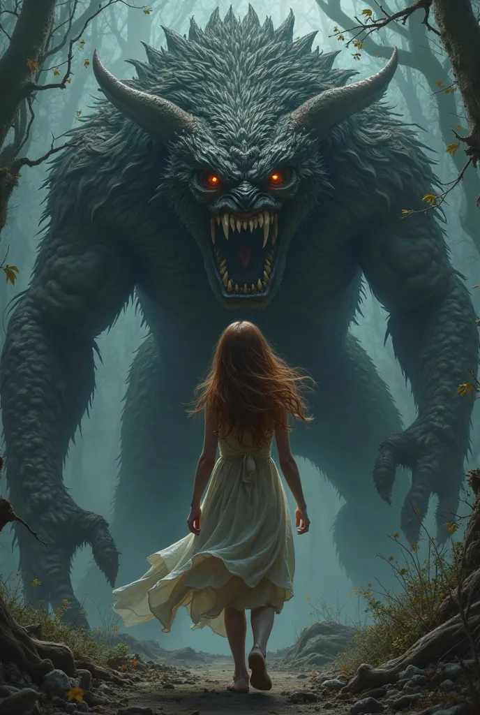 Beautiful Young Girl with Long Chestnut Hair. Standing in Front of a Terrible Beast from the Dark Forest  