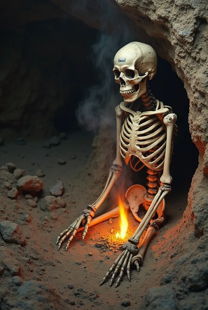 image:** A skeleton sitting in a cave with a label that says *"Fossil carbon"*, waiting with a dull face. Then,  In the following image , a factory burns it and CO₂ comes out into the atmosphere. **text:** *"I spent millions of years underground... to be r...