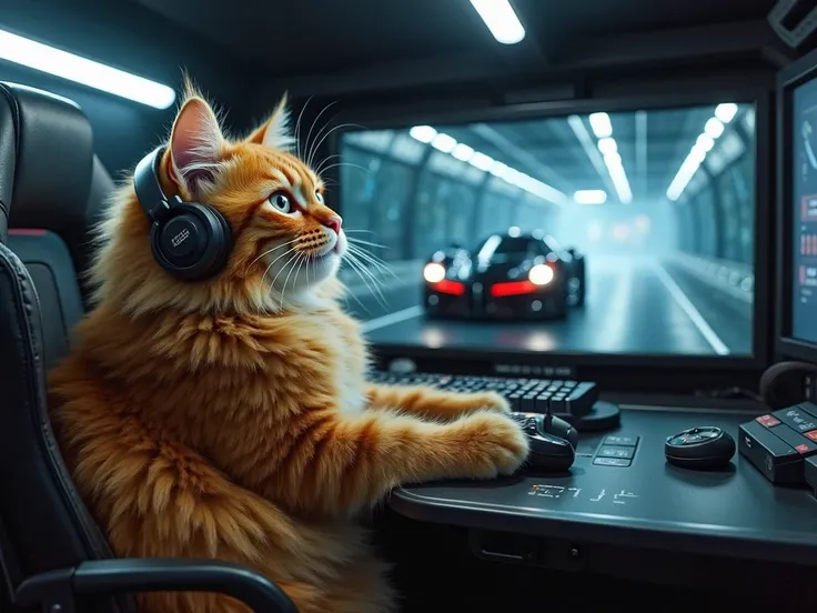 A chubby fluffy orange cat with a joyful expression, sitting in a high-tech secret mobile command center, like in Mission Impossible movies. The cat is wearing headphones and operating a remote control while looking at a large futuristic screen.pandanganny...