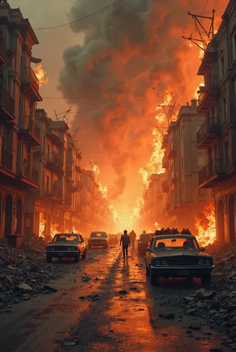 An old popular road full of random buildings is burning 