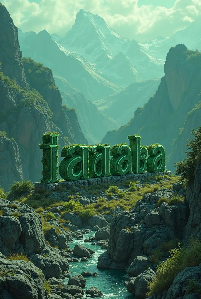 Title of a magazine with the name IBIAPABA in dark green tones and white outline 3D The  name has to be   over a lot of mountains