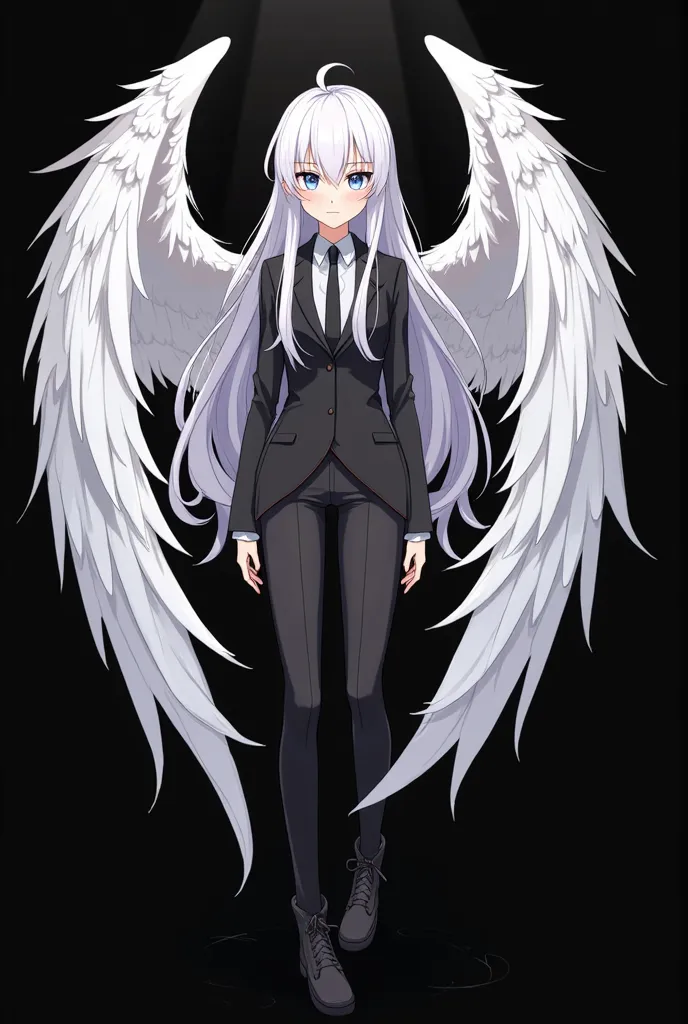 anime character with white wings and black suit standing in front of a black background,  inspired by Luma Rouge, tumblr, Bauhaus,   silver eyes full body  ,  official character art , Full body of a single character ,  full body concept ,  adoptable full b...