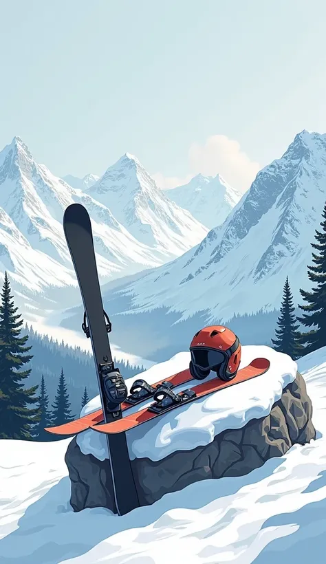 Snowy mountain landscape, 2d Art style, ski boarding equipments ( Stick for skiing, ski board, rubber straps, ski helmet) placed on a rock covered with snow, 2d style with thick black lines