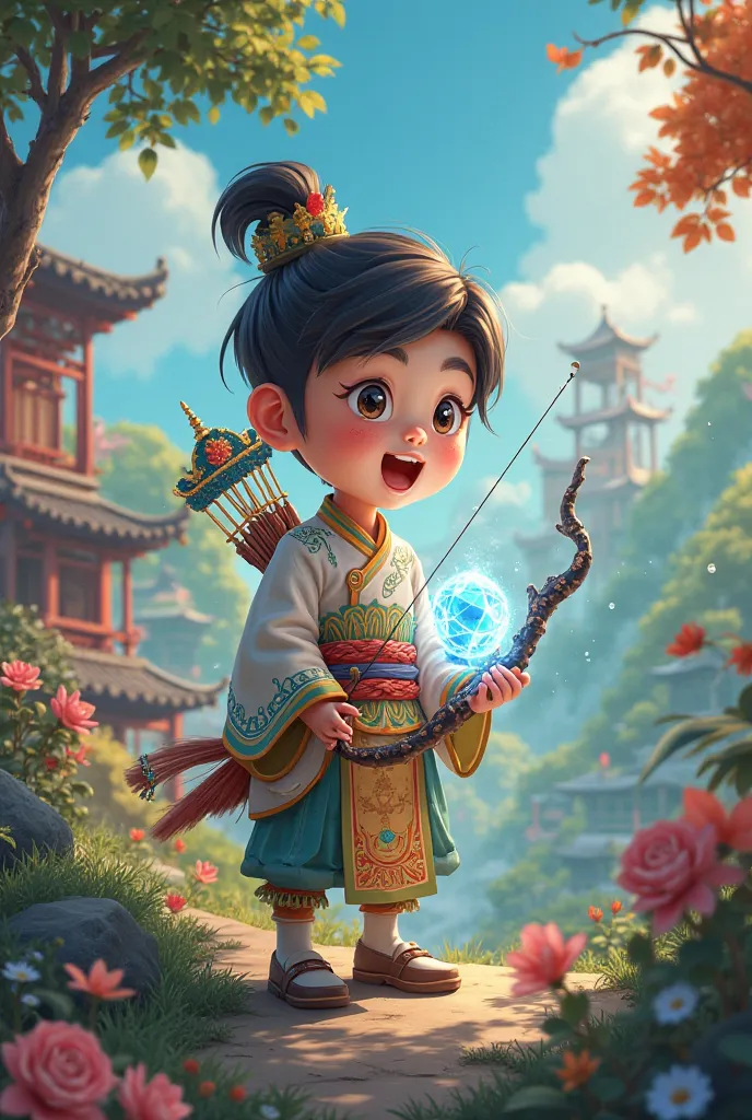  Chinese style，cartoon，Archer，surprise，Holding a glowing jewel