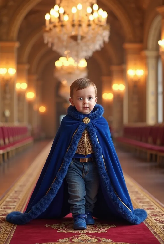 A baby cute face in a luxury sapphire blue royal cape, walking on a golden palace runway, with massive chandeliers and velvet carpets.