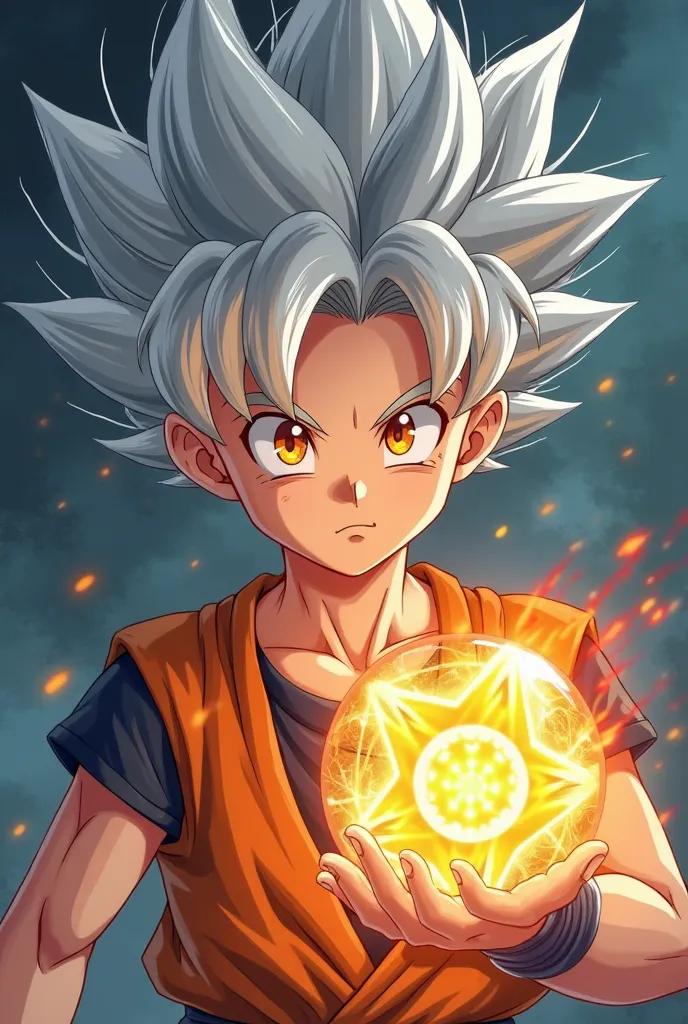 A young boy, around , with striking silver hair and orange eyes. As well as, a 7-Star ball which is always with him. The orb is silver - like the boy’s hair, and the stars inside are orange - like his eyes. The boy seemed to radiate a mysterious aura, a mi...