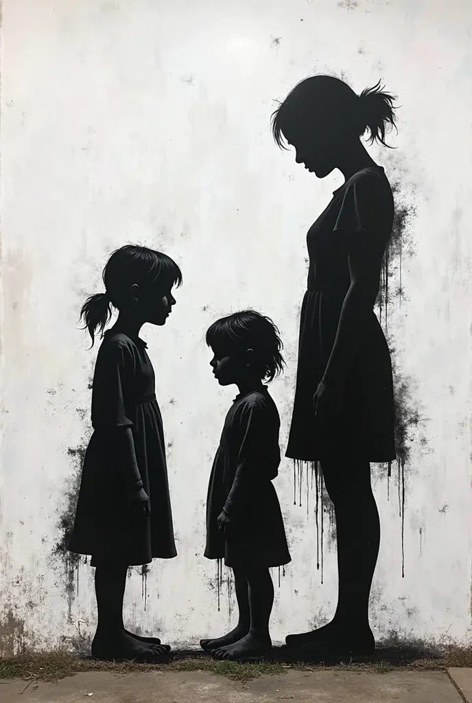 Banksys artwork, generational trauma in family. from grandma to mother. from mother to daughter, In black and white silhouette. 