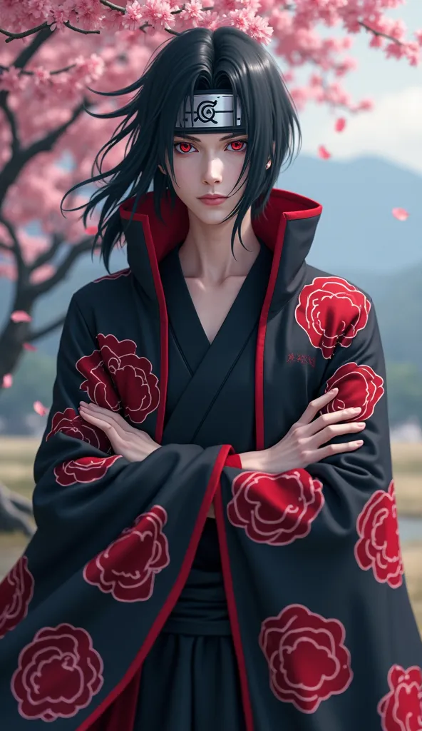 Create an ultra HD 8K full-body image of Itachi Uchiha from the Naruto Shippuden series. Capture him in his iconic outfit, featuring a long, dark cloak adorned with vibrant red cloud patterns that represent the Akatsuki, paired with a simple black shirt un...