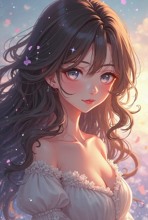 Make in anime style a girl with long curly brown hair and crystal-colored eyes.