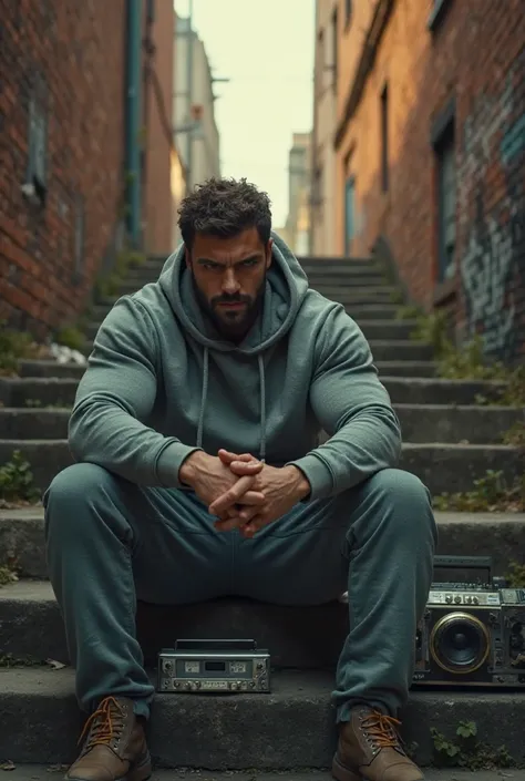 "A muscular man with a rugged face, wearing a gray hoodie and sweatpants, sits on concrete stairs in a dimly lit urban alley. His head is lowered, hands clasped together, deep in thought. A vintage boombox sits beside him, slightly worn out. The atmosphere...