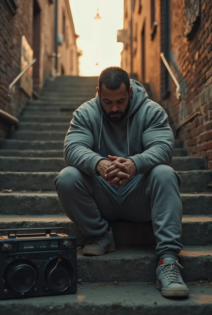 "A muscular man with a rugged face, wearing a gray hoodie and sweatpants, sits on concrete stairs in a dimly lit urban alley. His head is lowered, hands clasped together, deep in thought. A vintage boombox sits beside him, slightly worn out. The atmosphere...