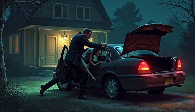 Jake dragging Jayme into the trunk of the Ford Taurus, with the Closs' house in the background."**  at night 