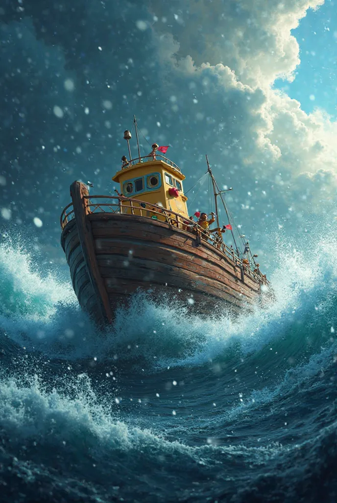 Storm on a Pixar-style boat