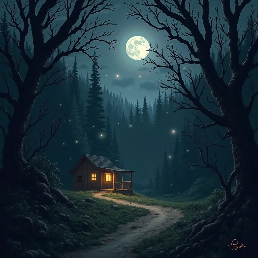  dark forest, there is a road and you can see a cabin, Is there a big full moon