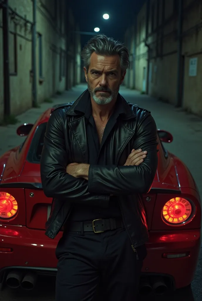 tall white-eyed, green-eyed man with tufted black-gray hair and a sparse gray-haired beard with a mysterious appearance and an athletic fit wearing a black leather jacket and a black blouse with folded arms leaning against a red sports car in a dark and de...