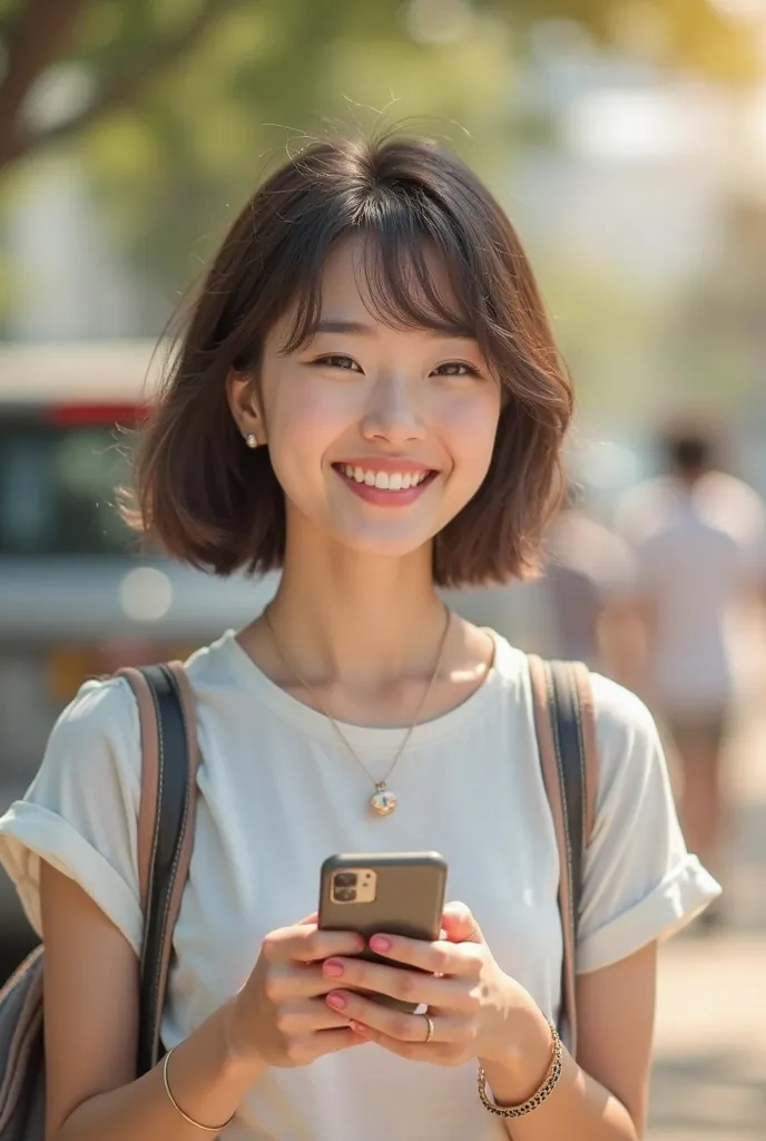  Korean girl, is holding a cell phone, Stylish and pretty, smiles a lot during the trip, While traveling,  short hair ,  T-SHIRT, summer,  no background, True to the truth