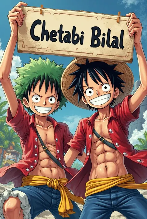 Zoro and Luffy cool coloring pages with a sign in their hands that says Chetaibi Bilal