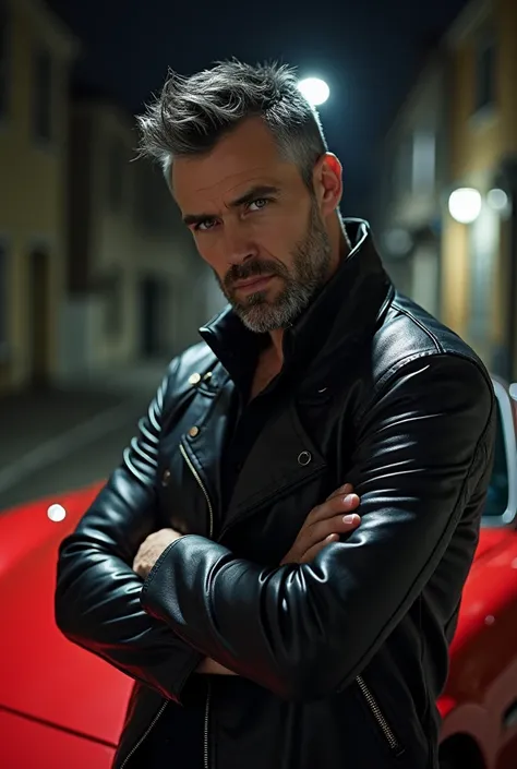 tall white-eyed, green-eyed man with tufted black-gray hair and a sparse gray-haired beard with a mysterious appearance and an athletic fit wearing a black leather jacket and a black blouse with folded arms leaning against a red sports car in a dark and de...