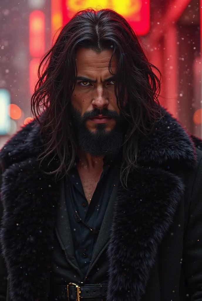 Handsome man, with a warrior's body, dressed in fashion, tall with long dark hair and a well-groomed beard. Eyes golden like gold 24 years old. In the background you can see red, and his clothes are not black but they are fashionable and a fur coat. He is ...