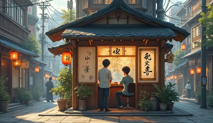 Real realistic image from the front direction . A small tea stall in the corner of a Japanese city and a 22-year-old man sitting in the tea stall again calms himself down