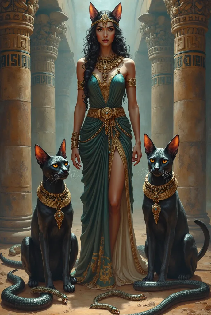 Sphinx cats around cleopatra with snakes near her feet 