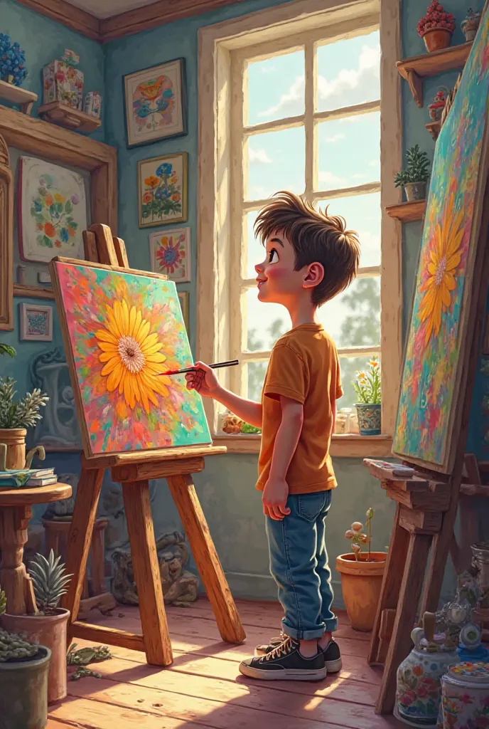 The image of the boy as an artist**: In this picture, the older boy is now shown as an artist in his studio, surrounded by colorful paintings and his artwork. looking happy and focused on his painting, as he shows his creative personality. The picture can ...