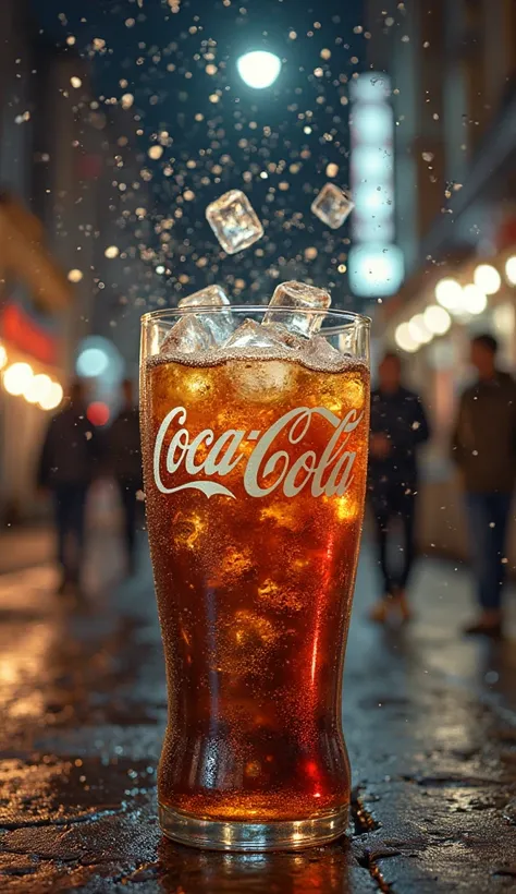 create a realistic image of a man wearing casual clothes walking down the street at night. You will notice that in the middle of the street there is a giant glass of Coca-Cola. This glass is much larger than the man. You will also notice that there is an e...