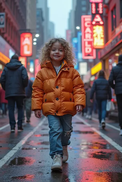 8K Ultra Quality - A baby cute face in a chic street-style oversized jacket and sneakers, walking on a New York fashion street runway, with graffiti and neon lights