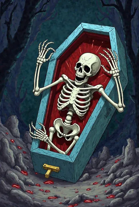 Creepy skeleton peeking violently out of a casket in Hanna Barbera cartoon style animation