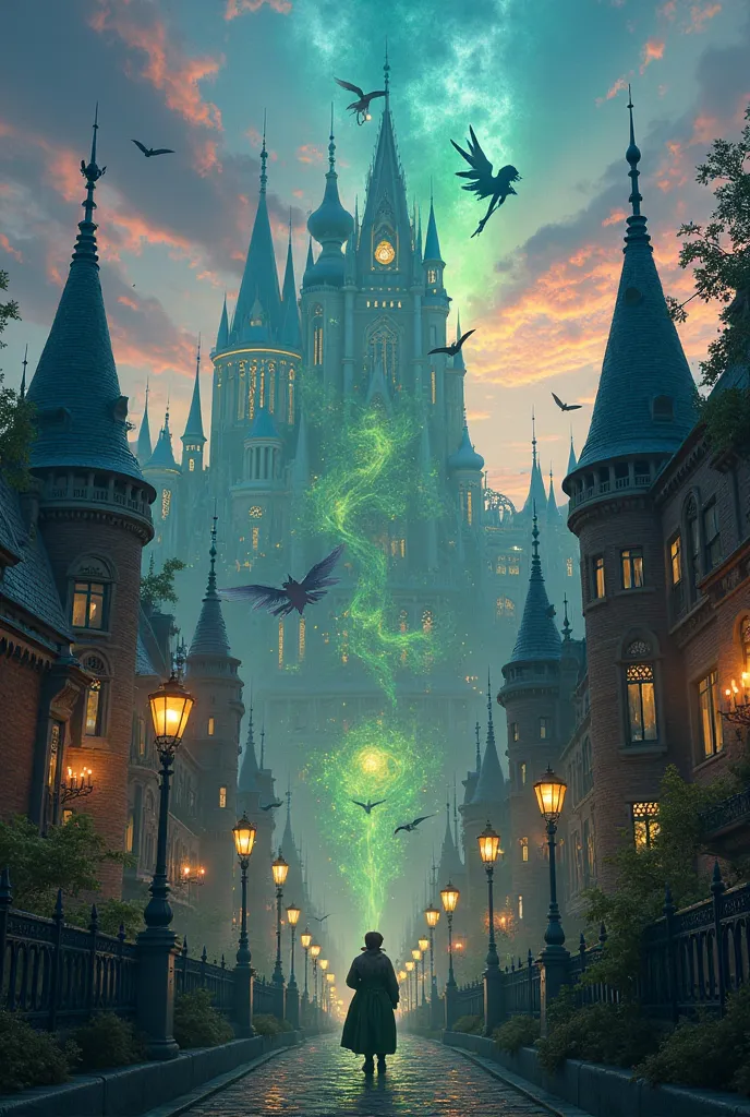 The Emerald City from the movie Wicked, with a gradient like dusk and the shining city, with main characters showing themselves and creatures in the air and on the ground 