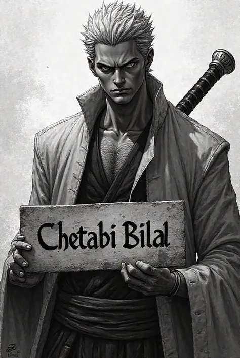 Zoro in black and white with a sign in his hand that says Chetaibi Bilal