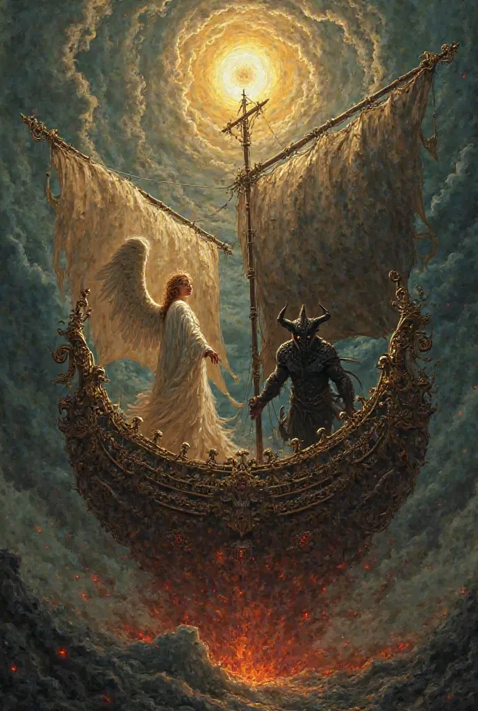 Alta Barca do Inferno by Gil Vicente, ANGEL and DEVIL each on their boat, vertical image 