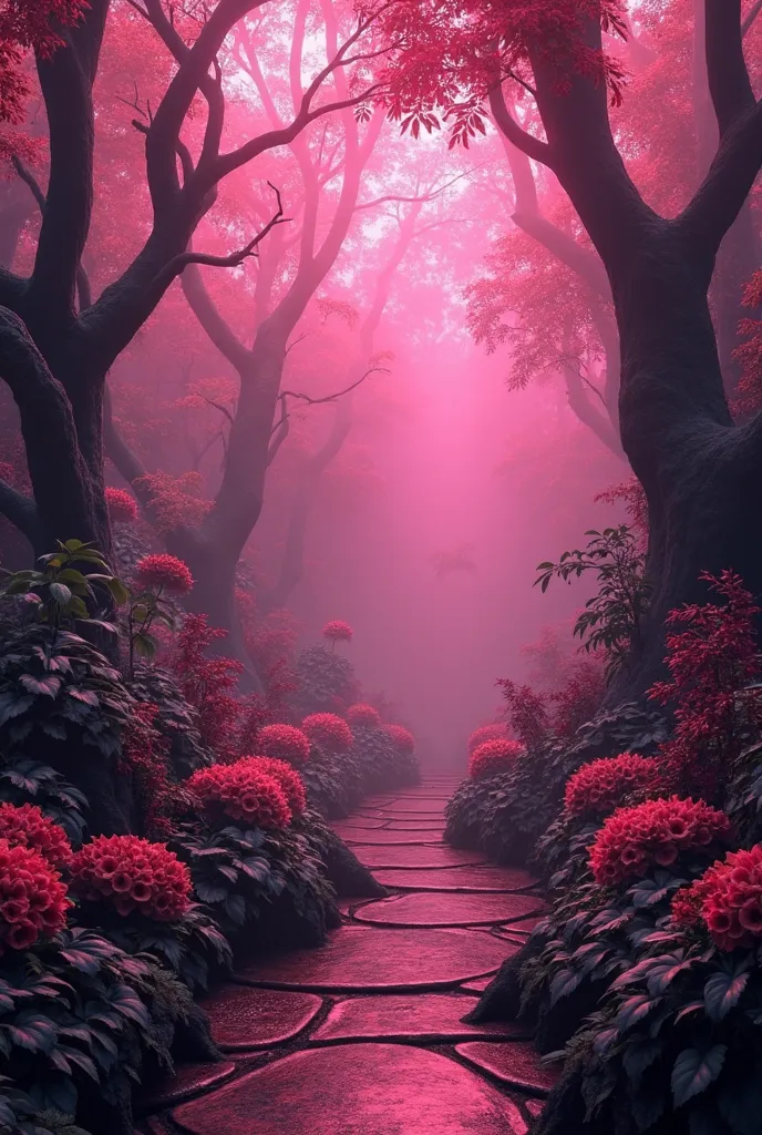 A garden in an opaque pink color, very dark, striking color 