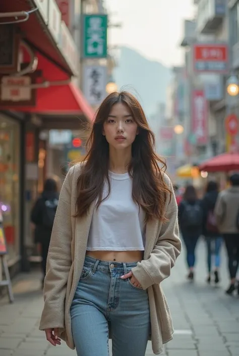 candid portrait of a brunette girl walking down a Seoul street