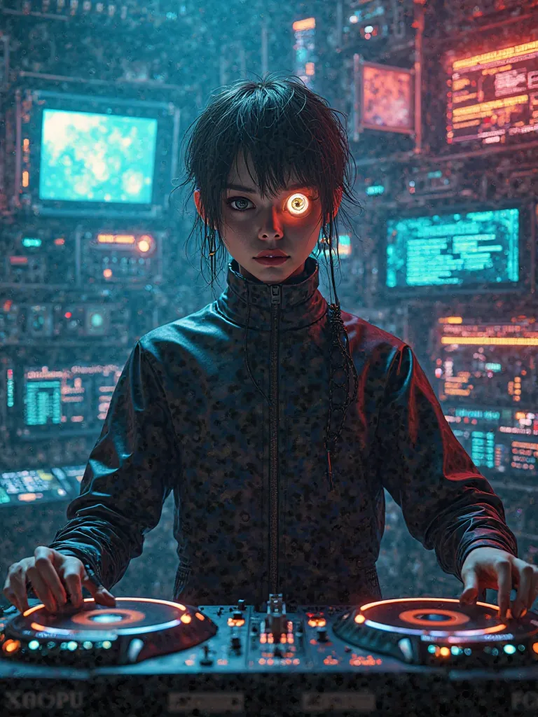 A one-eye design with DJ background and computers