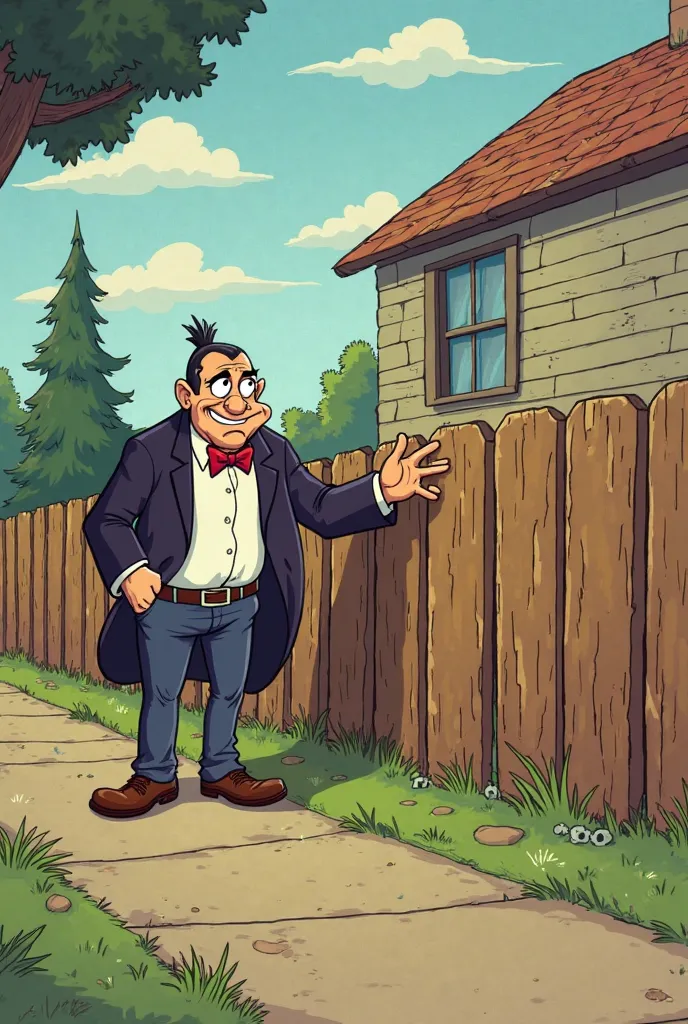 Use previous style to the last one generated. Make characters look like Hanna Barbera cartoon. Villain is looking at people and smiling like Dick Dastardly at the same time he is placing a countryside fence inside neighbor’s property. The fence is simple, ...