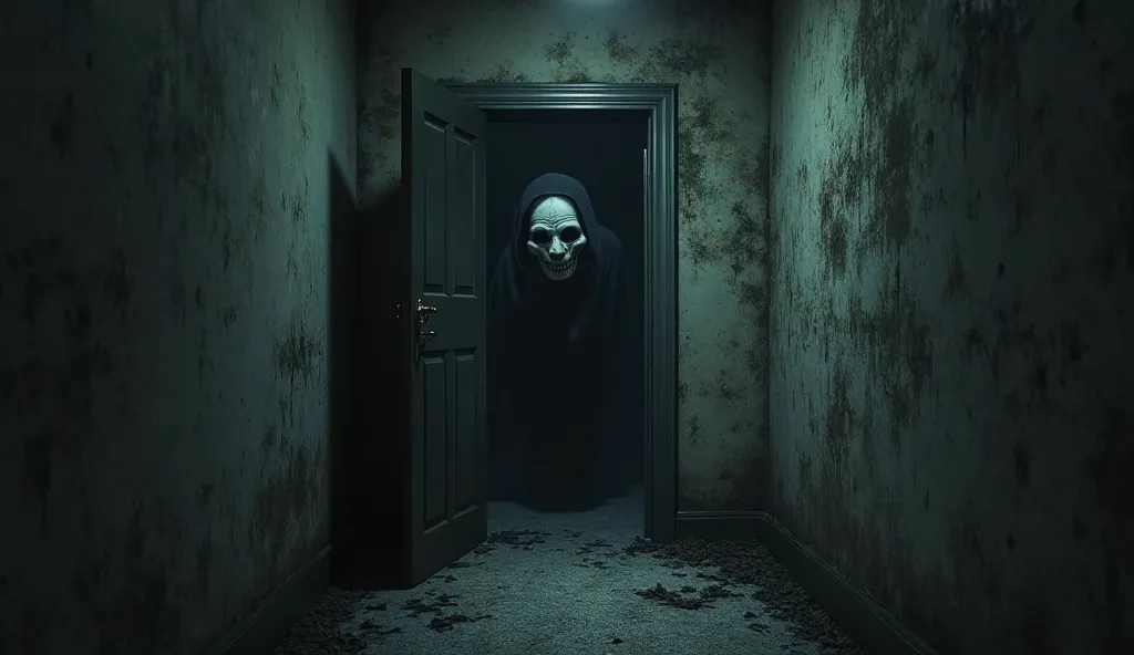 Inside a macabre and old house, a hidden door, newly discovered, half-open with absolute darkness inside and a visible spectrum with a ghostly face, with a cold and pale look that looks like a very scary and mysterious and intriguing specter