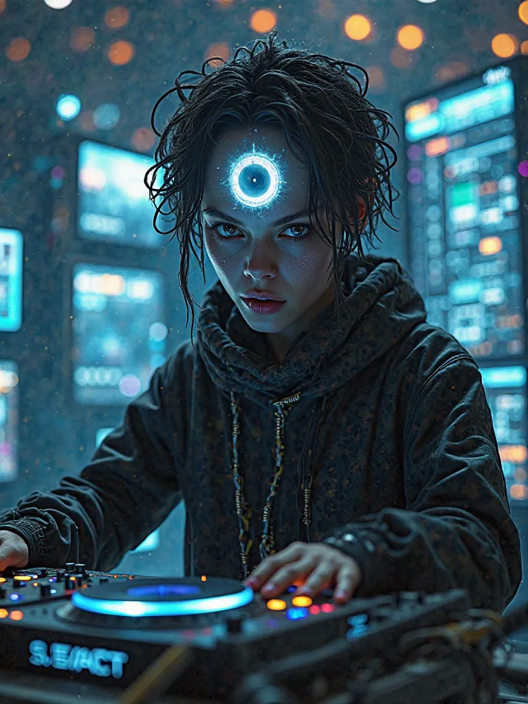 A one-eye design with DJ background and computers 