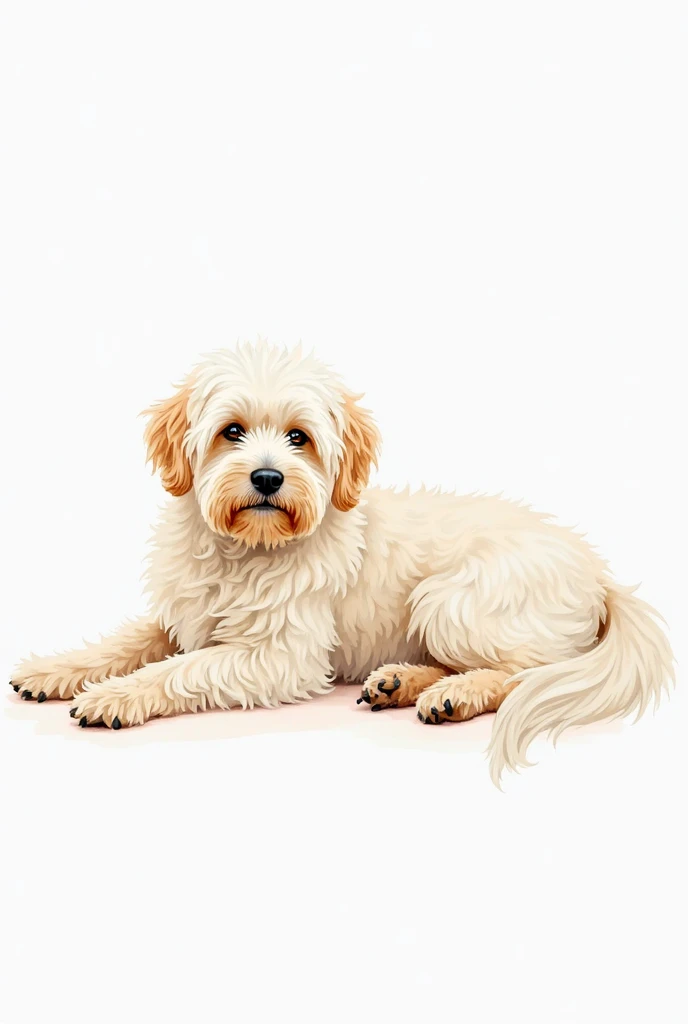 watercolour style one long haired cream tibetan terrier dog laying down white background 