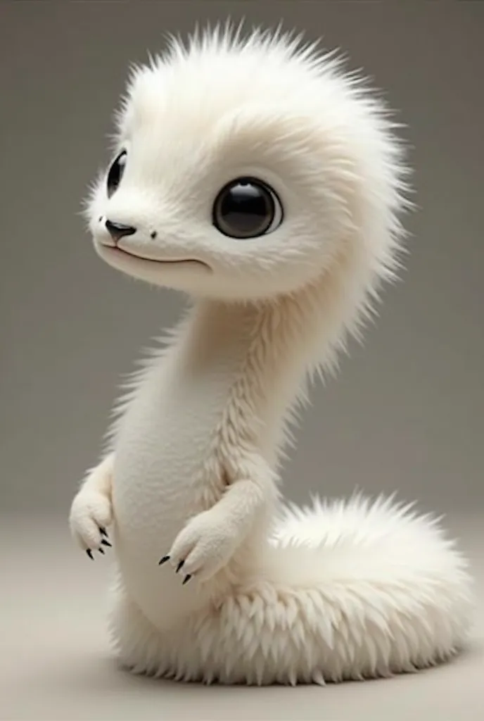 Create a highly detailed, realistic white snake inspired by Pom Pom from Bluey. The snake should have soft, slightly fluffy-textured white scales, giving a gentle and smooth appearance. Its head should be slightly rounded, with large, black, expressive eye...