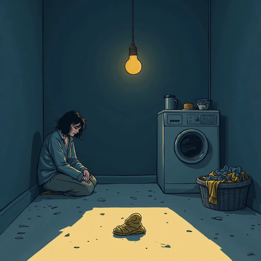 Create an image based on this prompt:

A poignant minimalist digital illustration, evoking deep sadness. Color palette: dominant deep blue, sharp mustard yellow accents, thin dark outlines. A lone, crumpled mismatched wool sock lies forlornly on the cold, ...