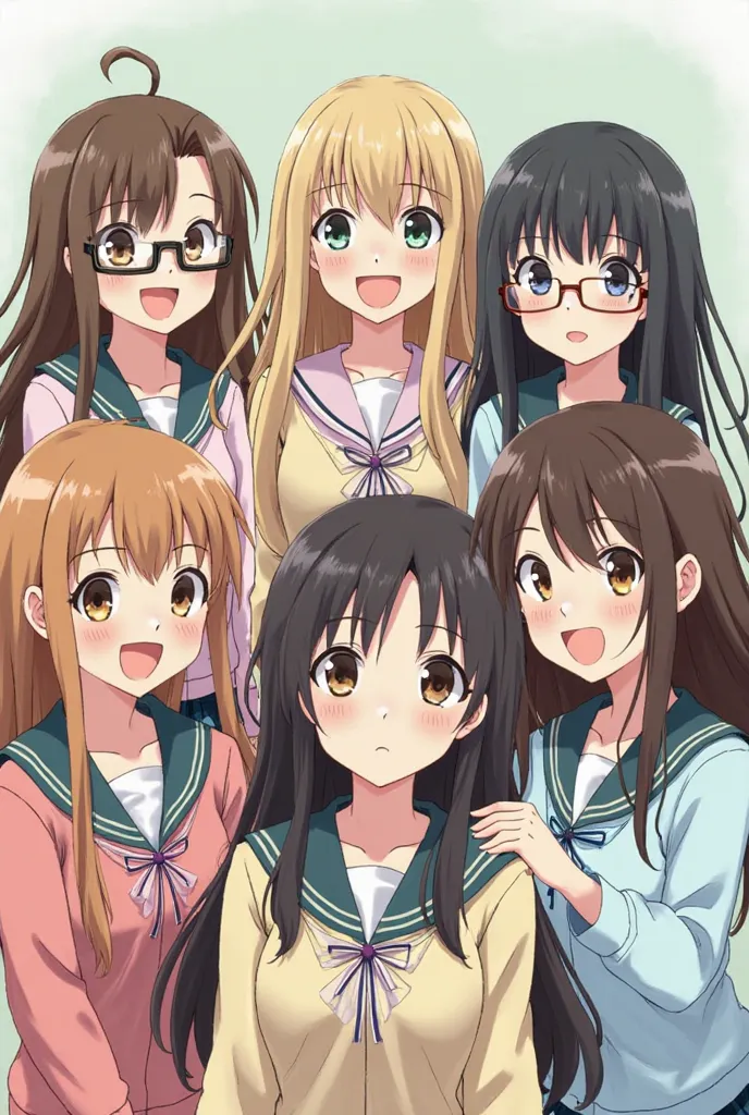 A group of 5 female friends who are students in the 9th grade of elementary school. 1°: A character with bangs,  brown hair, brown eyes,  long straight hair, with glasses. 2°: A character without bangs,  blonde hair, green eyes, hair. 3° A character withou...