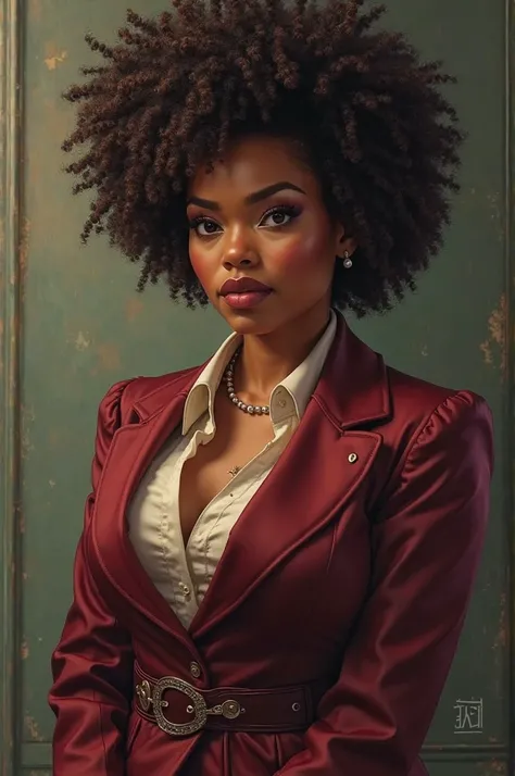 Voluptuous handsome fleshy-lipped Afro woman in formal wear 