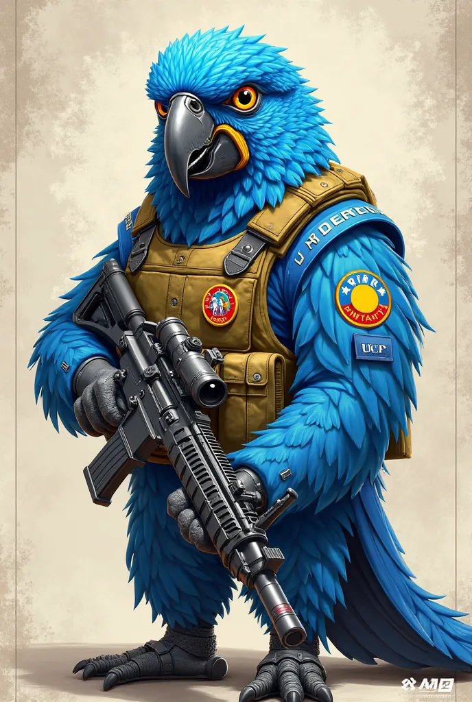 A blue macaw wearing a UCV F uniform.C from Venezuela, a vest 5.11 and head-on rifle in 2D